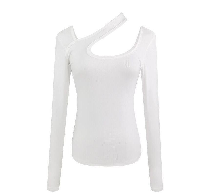 Asymmetrical T-Shirt Neck Cutout Plain Long-Sleeve