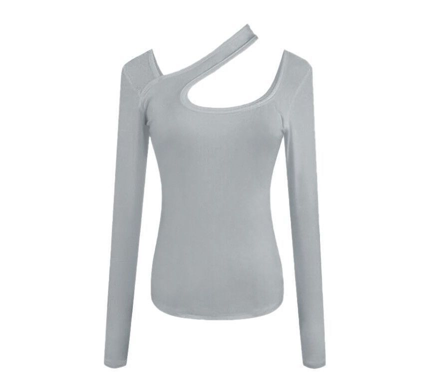 Asymmetrical T-Shirt Neck Cutout Plain Long-Sleeve