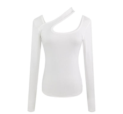 Asymmetrical T-Shirt Neck Cutout Plain Long-Sleeve