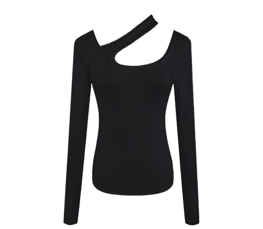 Asymmetrical T-Shirt Neck Cutout Plain Long-Sleeve