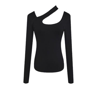 Asymmetrical T-Shirt Neck Cutout Plain Long-Sleeve