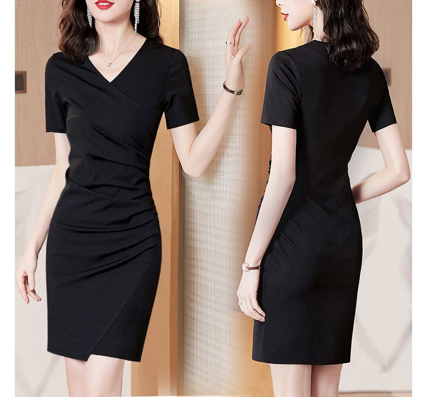 Mini Wrap Bodycon Short-Sleeve Dress V-Neck Plain