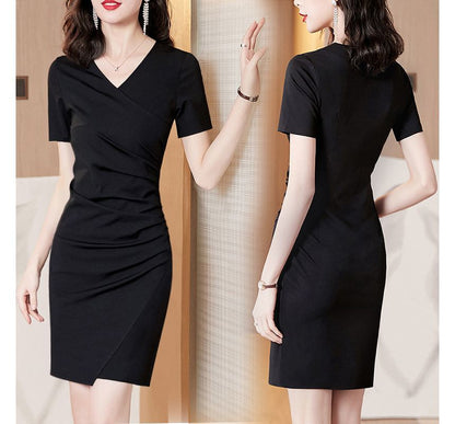 Mini Wrap Bodycon Short-Sleeve Dress V-Neck Plain