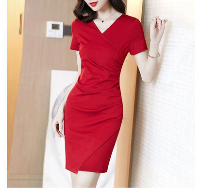 Mini Wrap Bodycon Short-Sleeve Dress V-Neck Plain
