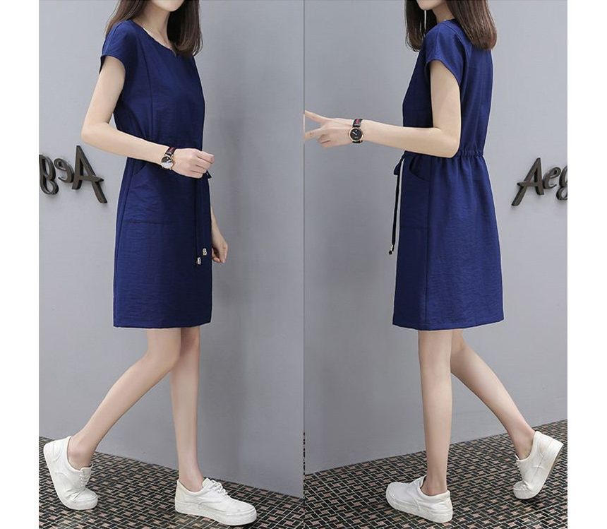 A-Line Short-Sleeve V-Neck Dress Plain Mini Drawstring-Waist