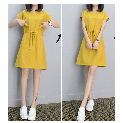A-Line Short-Sleeve V-Neck Dress Plain Mini Drawstring-Waist