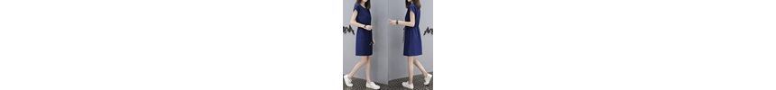A-Line Short-Sleeve V-Neck Dress Plain Mini Drawstring-Waist