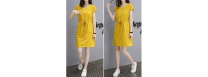 A-Line Short-Sleeve V-Neck Dress Plain Mini Drawstring-Waist