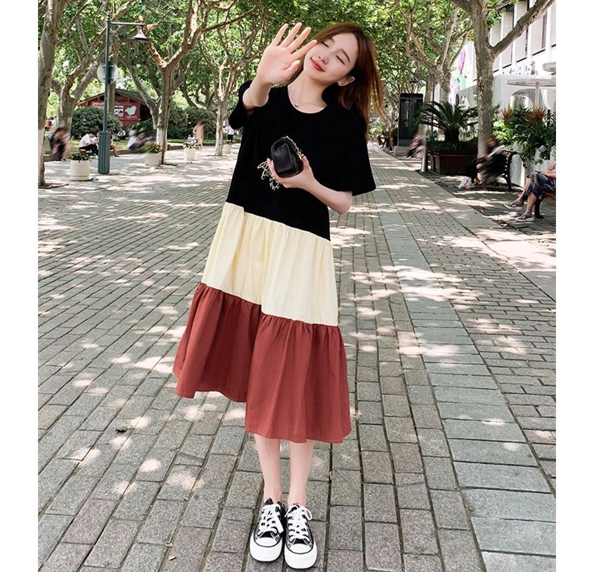 Crew Short-Sleeve Block A-Line Neck Midi Dress Color