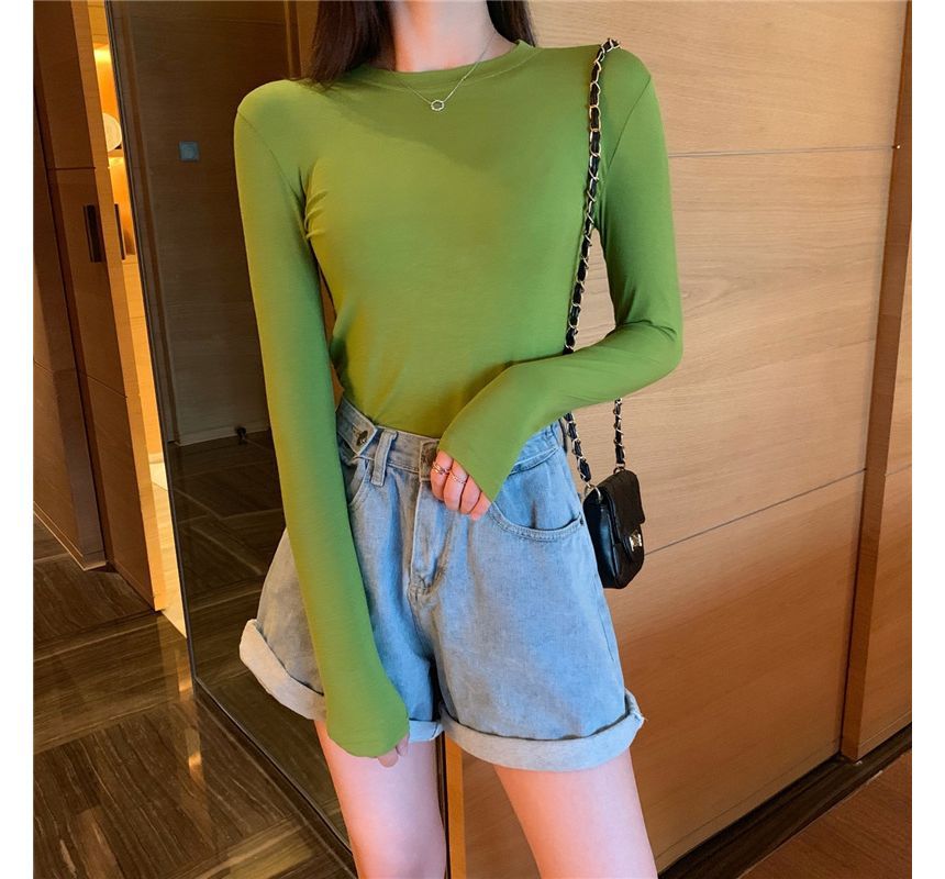 Plain Long-Sleeve Round Neck Tee