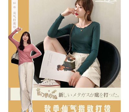 Neck Edge Long-Sleeve Plain Ribbed Tee Scoop Lettuce