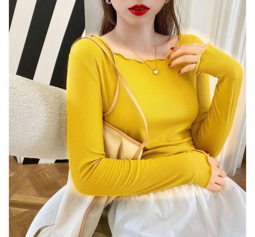 Neck Edge Long-Sleeve Plain Ribbed Tee Scoop Lettuce