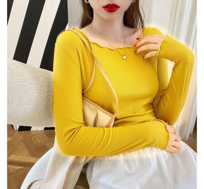 Neck Edge Long-Sleeve Plain Ribbed Tee Scoop Lettuce