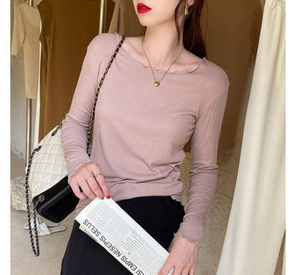 Neck Edge Long-Sleeve Plain Ribbed Tee Scoop Lettuce