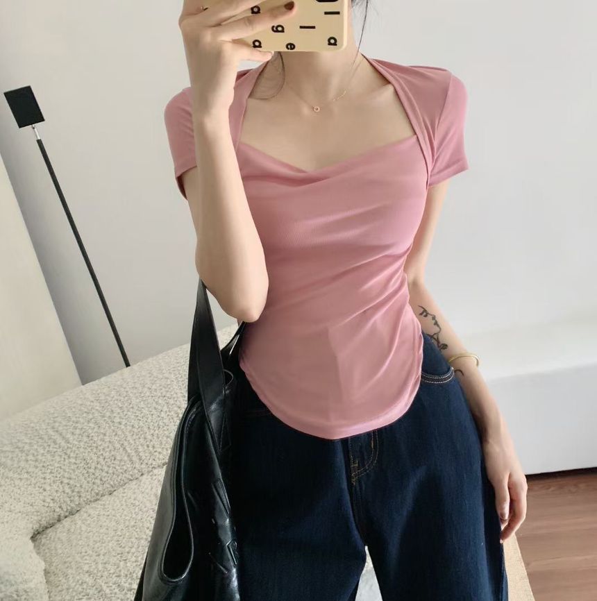 Plain Short-Sleeve T-Shirt Square Neck