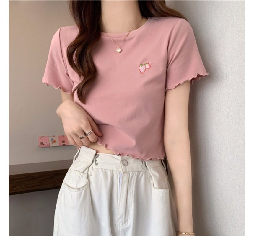 Crop Short-Sleeve Embroidered T-Shirt Crew Neck