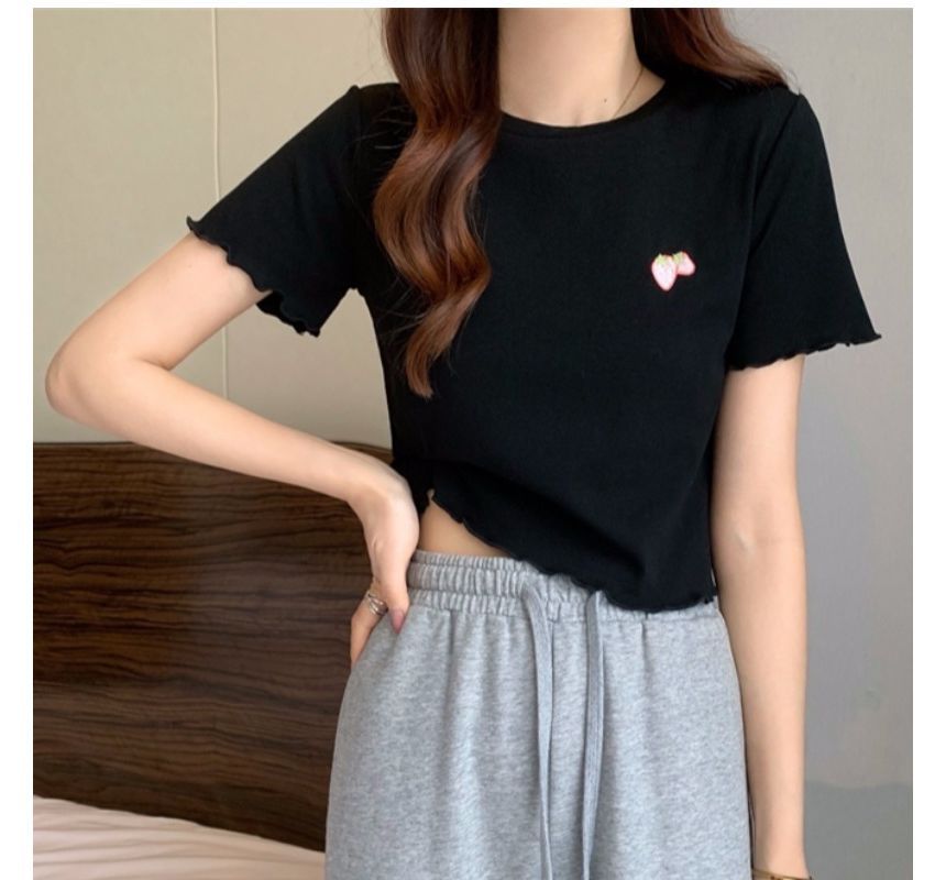 Crop Short-Sleeve Embroidered T-Shirt Crew Neck