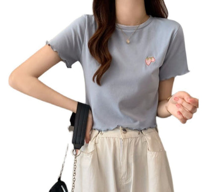 Crop Short-Sleeve Embroidered T-Shirt Crew Neck