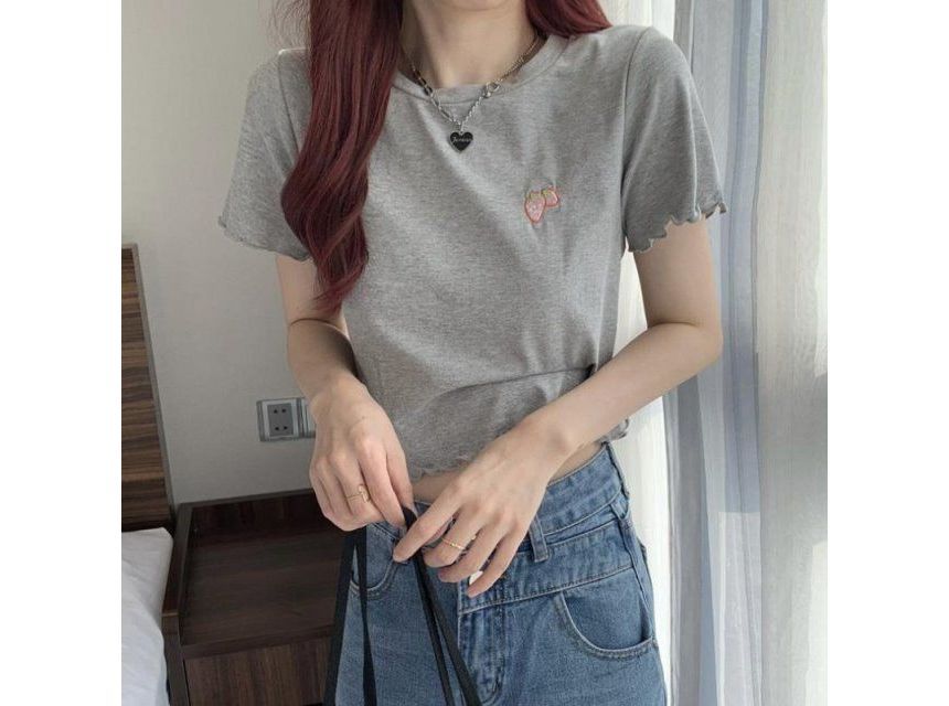 Crop Short-Sleeve Embroidered T-Shirt Crew Neck