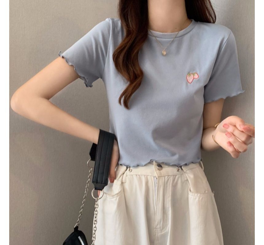 Crop Short-Sleeve Embroidered T-Shirt Crew Neck