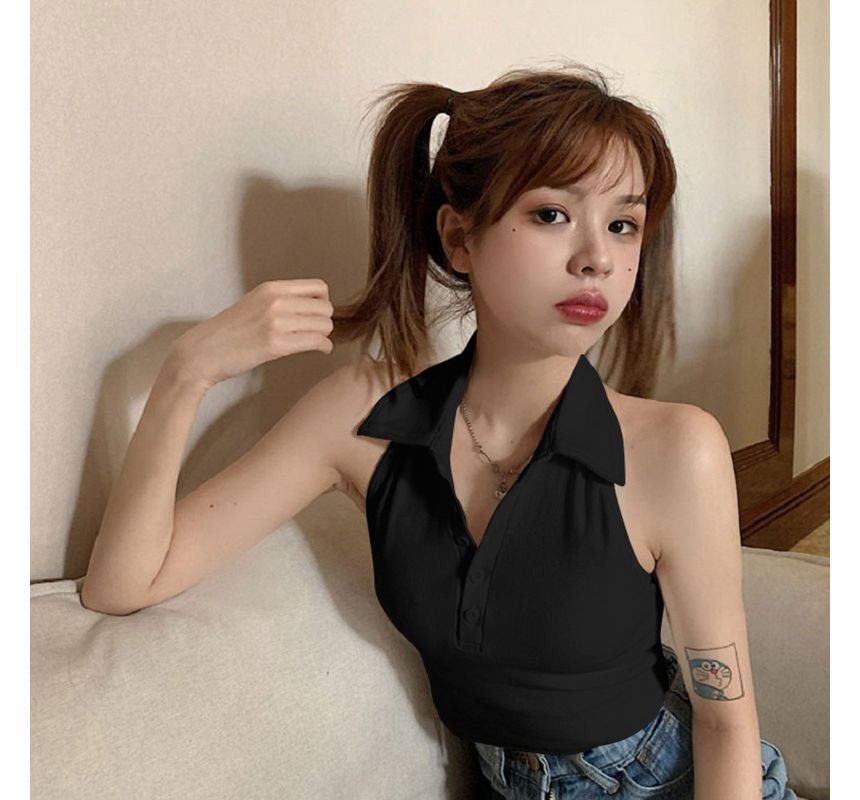 Sleeveless Polo Shirt Crop Plain