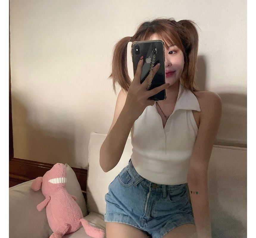 Sleeveless Polo Shirt Crop Plain