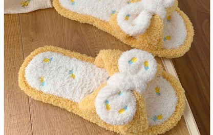 Pineapple Embroidered Fluffy Bow Slippers