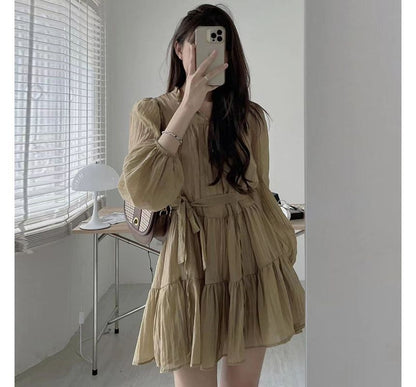 Long-Sleeve Tie-Neck Sashed Plain Mini A-Line Dress