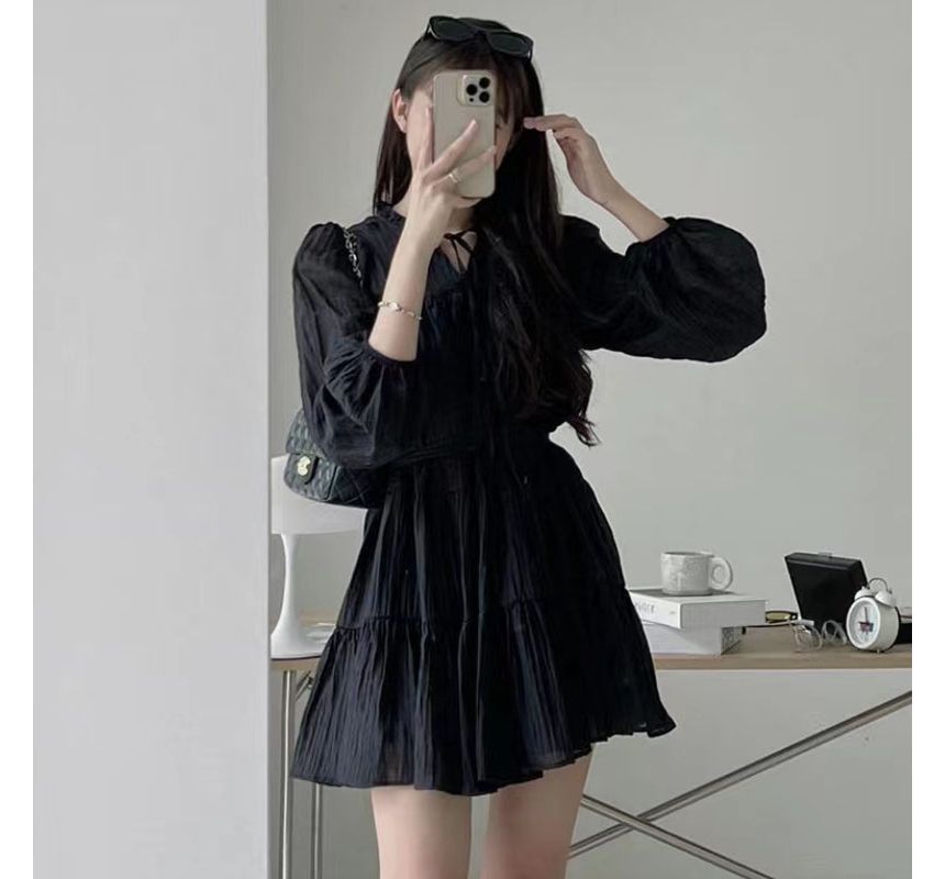 Long-Sleeve Tie-Neck Sashed Plain Mini A-Line Dress