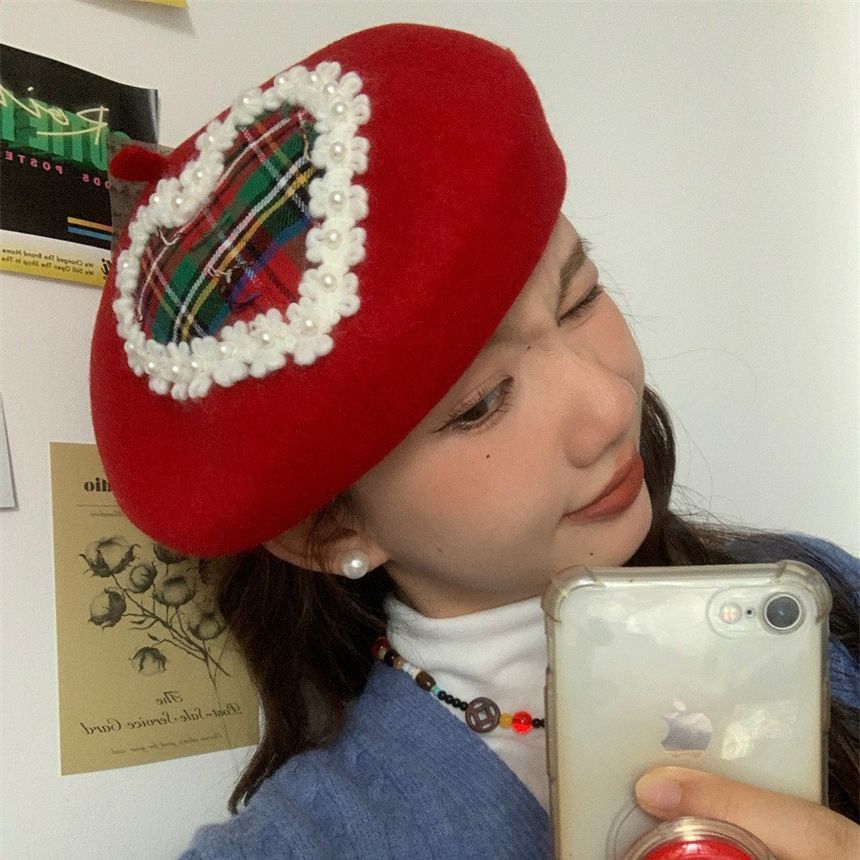 Plaid Heart Applique Beret