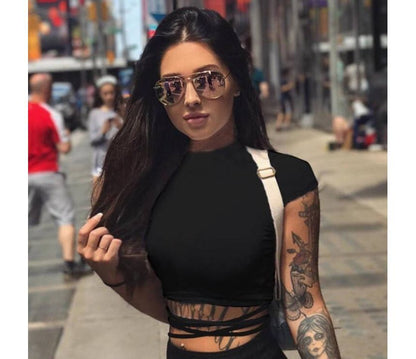 Mock Crop T-Shirt Short-Sleeve Plain Neck