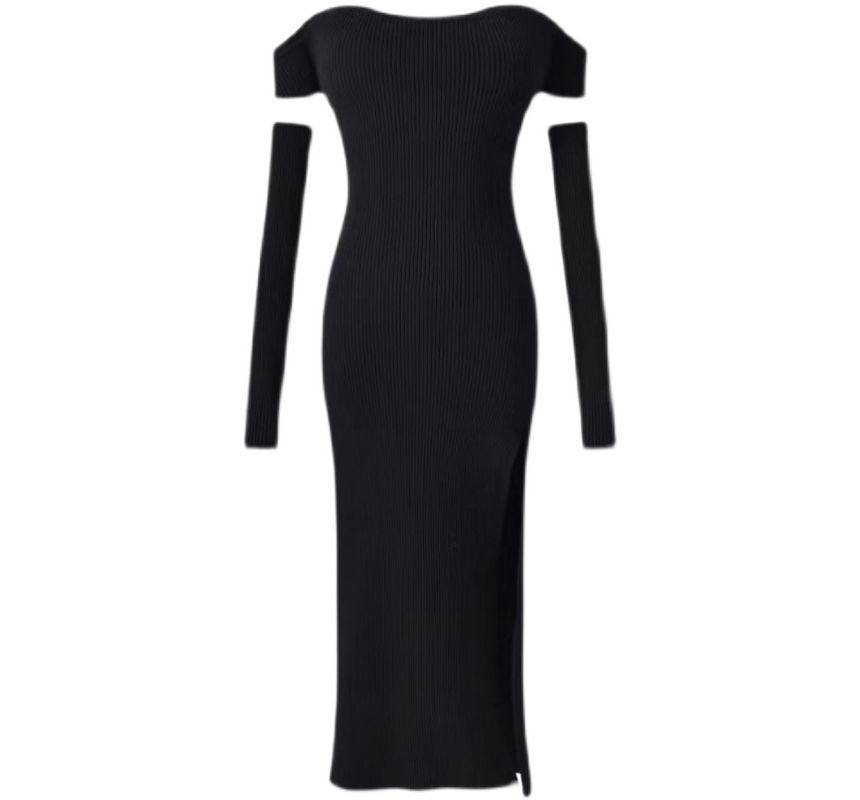 Set: Cap-Sleeve Off Shoulder Knit Sheath Dress + Arm Sleeves