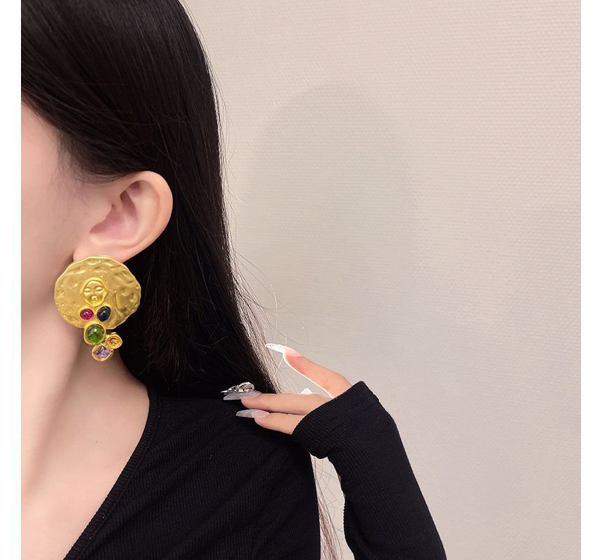 Gemstone Stud Disc Faux Earring