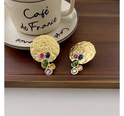 Gemstone Stud Disc Faux Earring