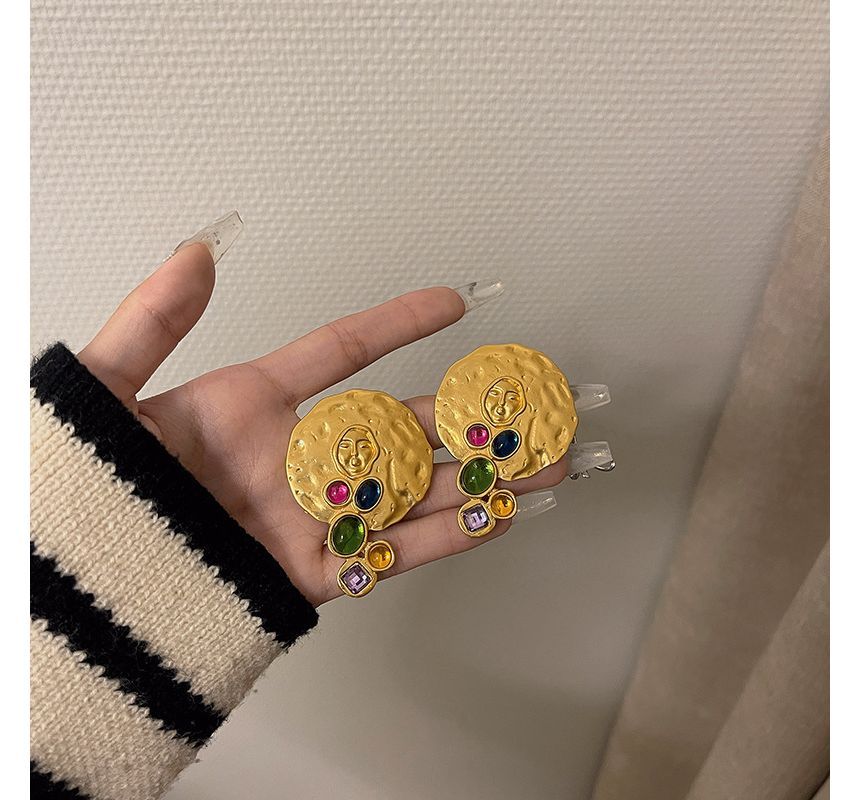 Gemstone Stud Disc Faux Earring