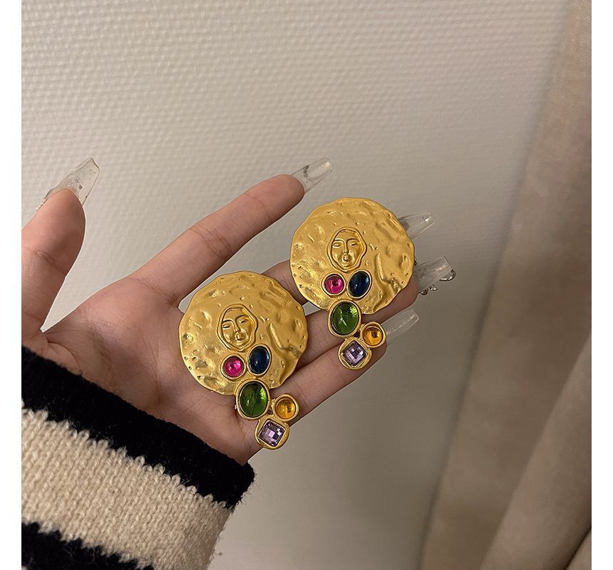 Gemstone Stud Disc Faux Earring