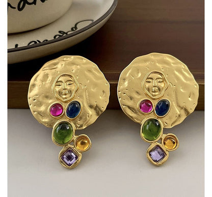 Gemstone Stud Disc Faux Earring