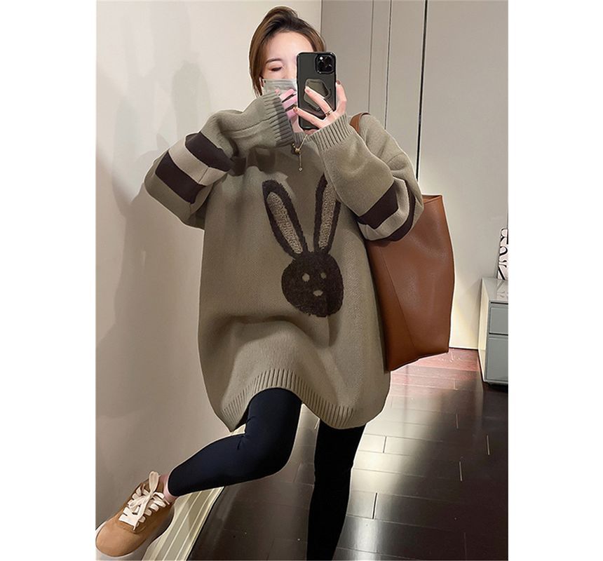 Crew Neck Rabbit Embroidered Sweater