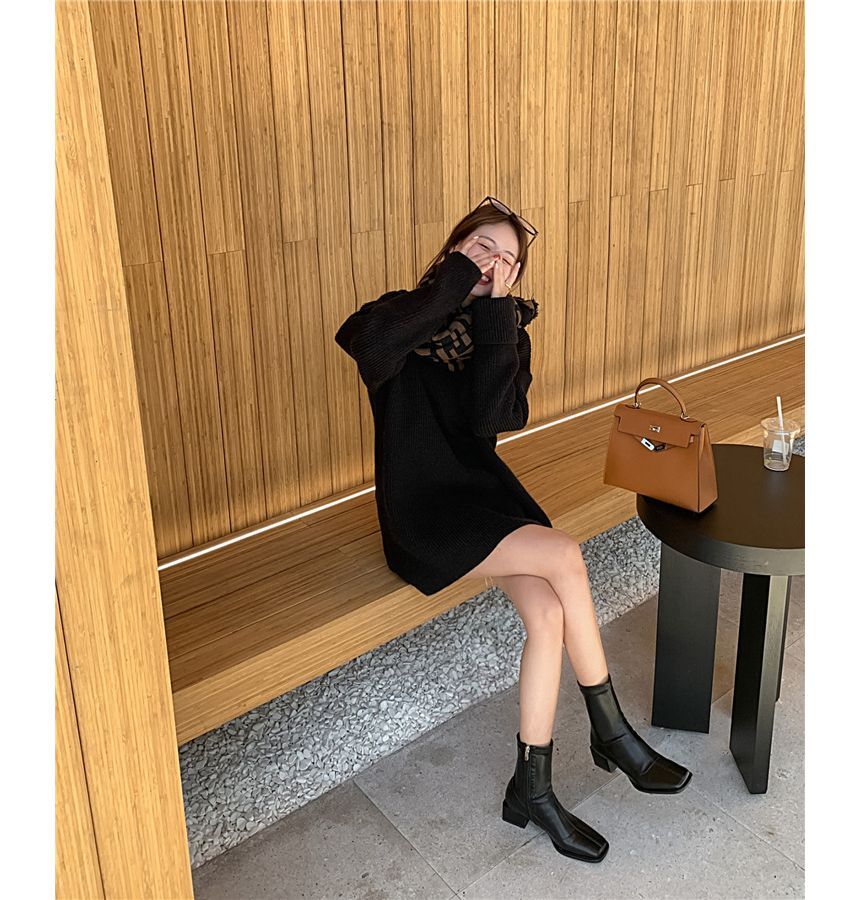 Short Boots Faux Leather Block Heel Square Toe