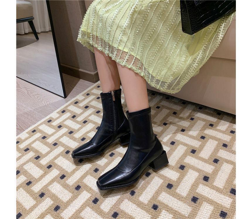 Short Boots Faux Leather Block Heel Square Toe