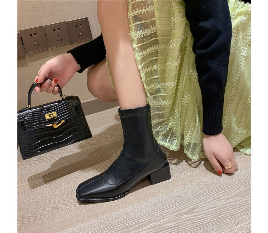 Short Boots Faux Leather Block Heel Square Toe