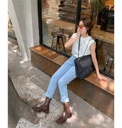 Short Boots Faux Leather Block Heel Square Toe