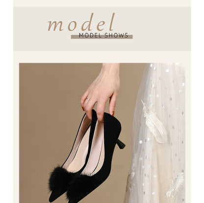 Heel Pom Suede Pumps Pointed Kitten Faux Accent