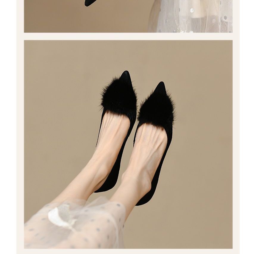 Heel Pom Suede Pumps Pointed Kitten Faux Accent