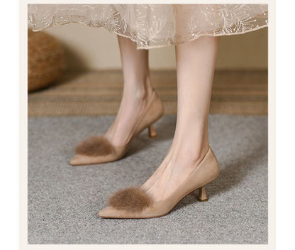 Heel Pom Suede Pumps Pointed Kitten Faux Accent
