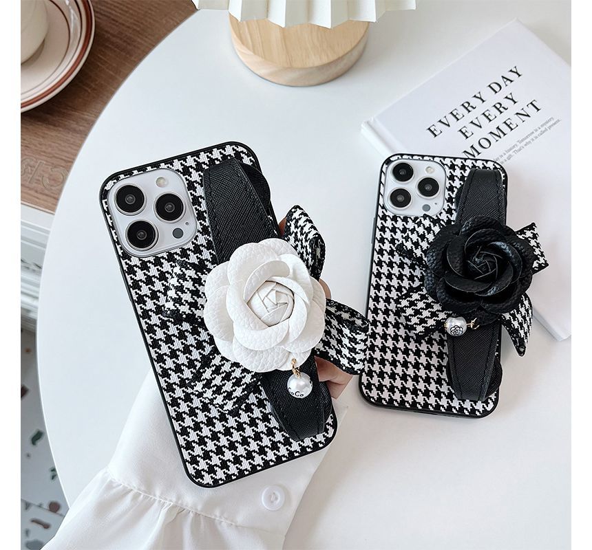 Floral Houndstooth Strap Phone Case - iPhone 14 Pro Max / 14 Pro / 14 Max / 14 / 13 Pro Max / 13 Pro / 13 / 13 mini / 12 Pro Max / 12 Pro / 12 / 12 mini / 11 Pro Max / 11 Pro / 11 / SE / XS Max / XS / XR / X / 8 / 8 Plus / 7 / 7 Plus