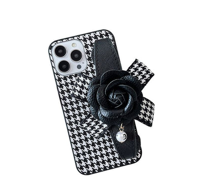 Floral Houndstooth Strap Phone Case - iPhone 14 Pro Max / 14 Pro / 14 Max / 14 / 13 Pro Max / 13 Pro / 13 / 13 mini / 12 Pro Max / 12 Pro / 12 / 12 mini / 11 Pro Max / 11 Pro / 11 / SE / XS Max / XS / XR / X / 8 / 8 Plus / 7 / 7 Plus