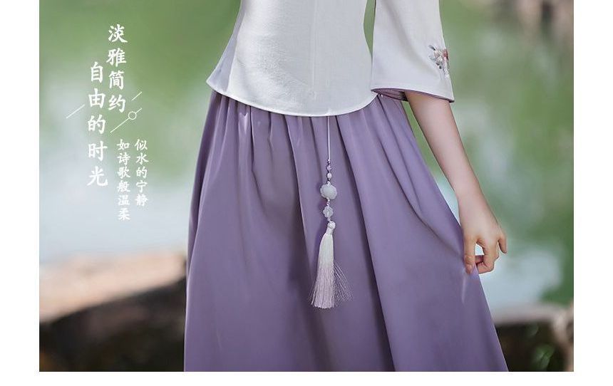 3/4-Sleeve Mock Neck Floral Embroidered Hanfu Top