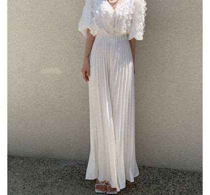 High Rise Pleated Plain Wide Leg Pants