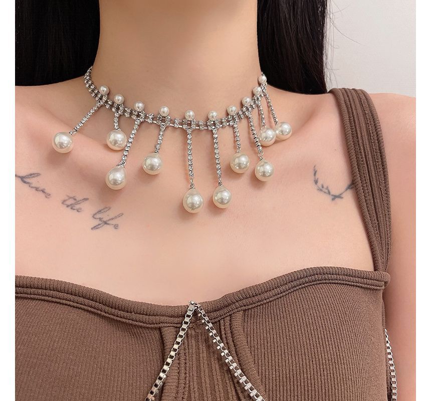 Faux Rhinestone Fringed Alloy Pearl Choker